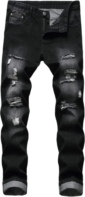 Men's Ripped Washed Slim Fit Jeans Straight Leg Hip Hop Denim Pants Vintage Distressed Skinny Jean Trousers