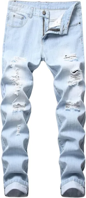 Men's Ripped Washed Slim Fit Jeans Straight Leg Hip Hop Denim Pants Vintage Distressed Skinny Jean Trousers