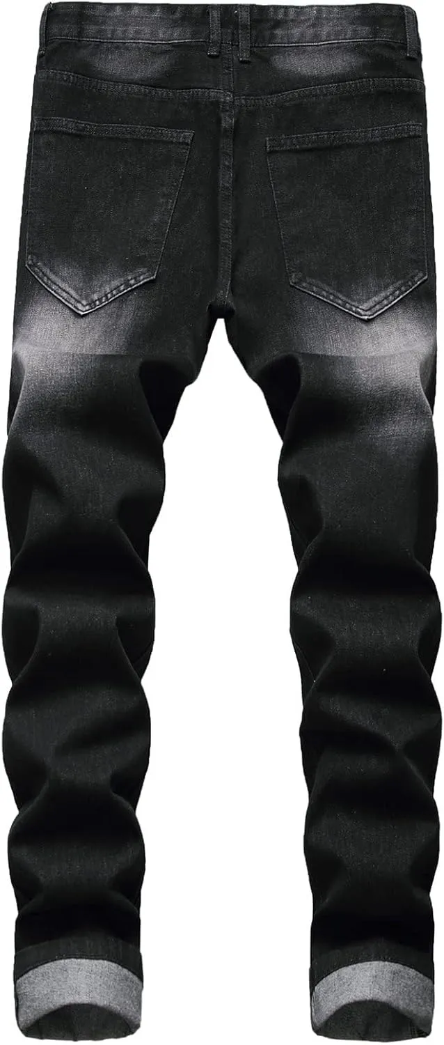 Men's Ripped Washed Slim Fit Jeans Straight Leg Hip Hop Denim Pants Vintage Distressed Skinny Jean Trousers