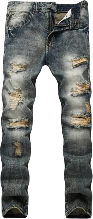 Men's Ripped Washed Slim Fit Jeans Straight Leg Hip Hop Denim Pants Vintage Distressed Skinny Jean Trousers