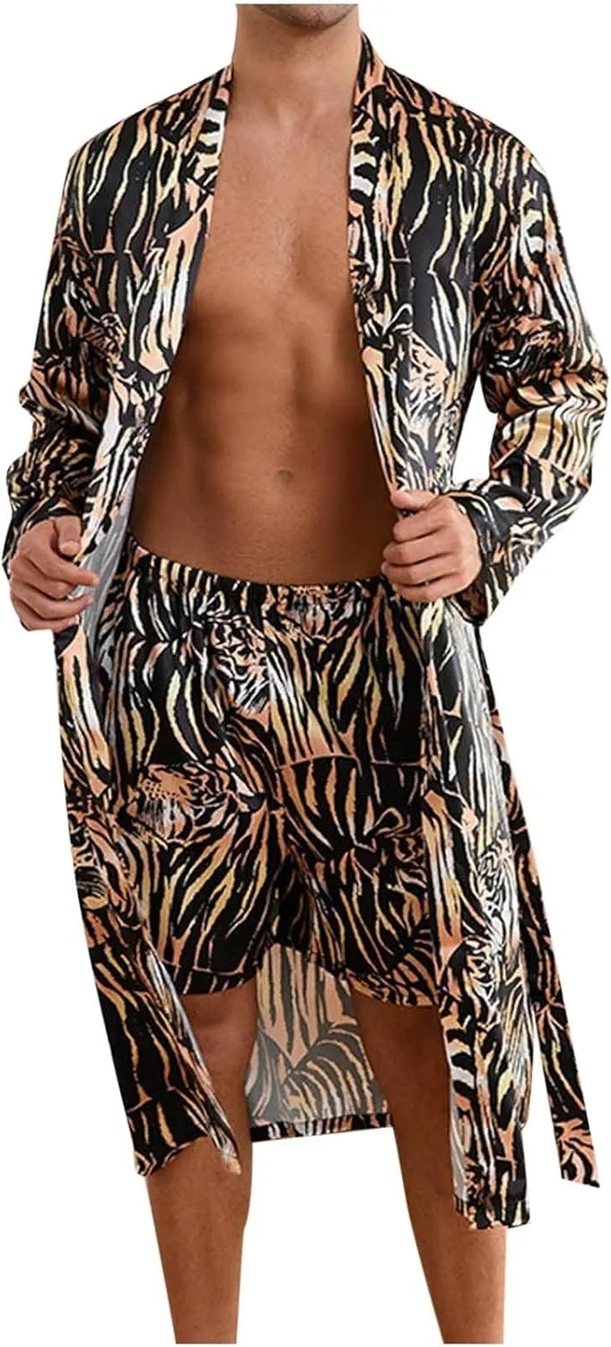Men's Satin Robe with Shorts Sets Fashion Leopard Print Long Sleeve Silky Kimono Bathrobe Lightweight Soft Sleepwear