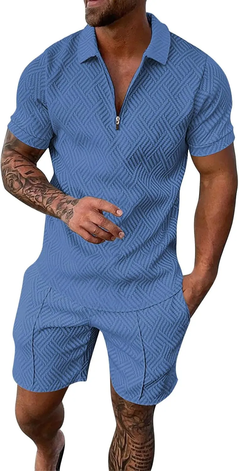 Mens Short Sets 2 Piece Outfits Zip up Polo Shirt Summer Tracksuits Casual Short Sleeve and Shorts Set for Men