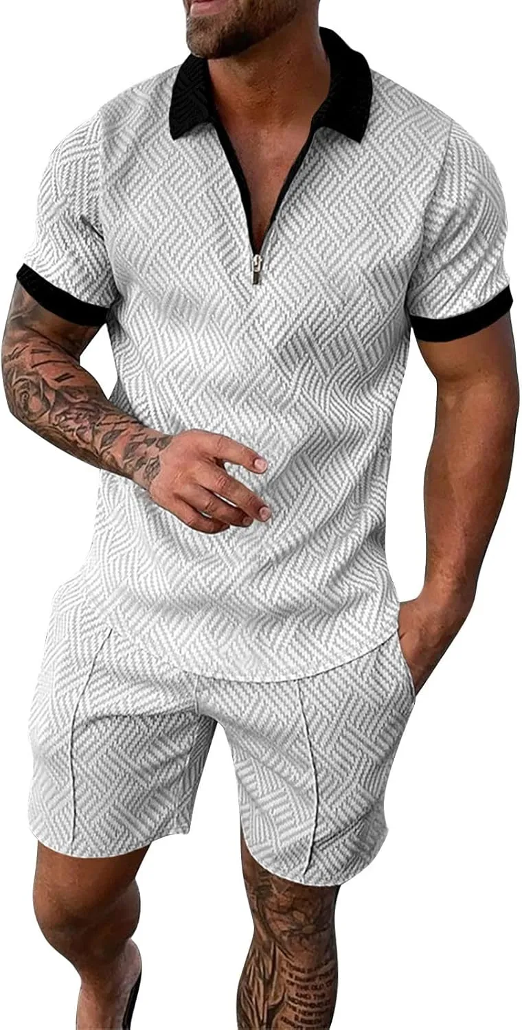 Mens Short Sets 2 Piece Outfits Zip up Polo Shirt Summer Tracksuits Casual Short Sleeve and Shorts Set for Men