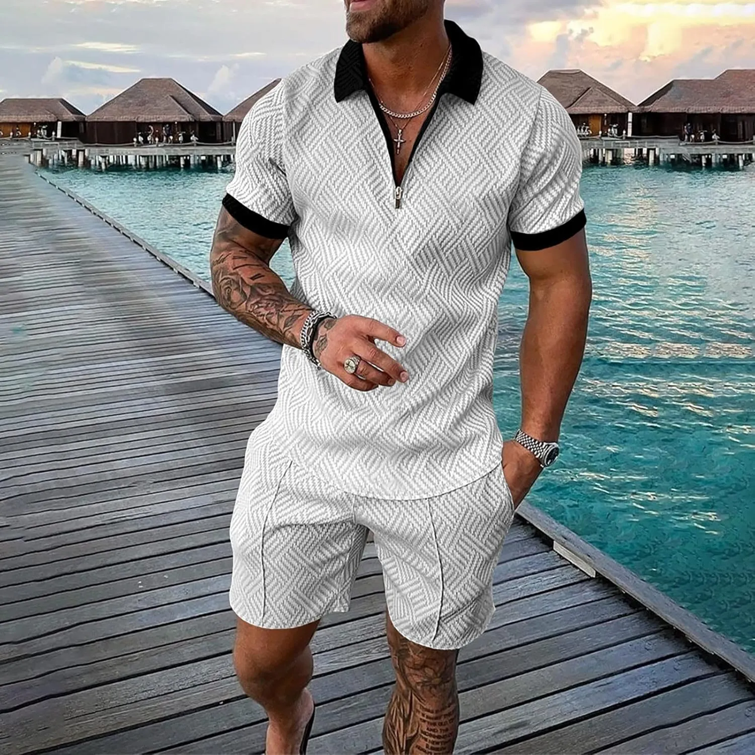Mens Short Sets 2 Piece Outfits Zip up Polo Shirt Summer Tracksuits Casual Short Sleeve and Shorts Set for Men