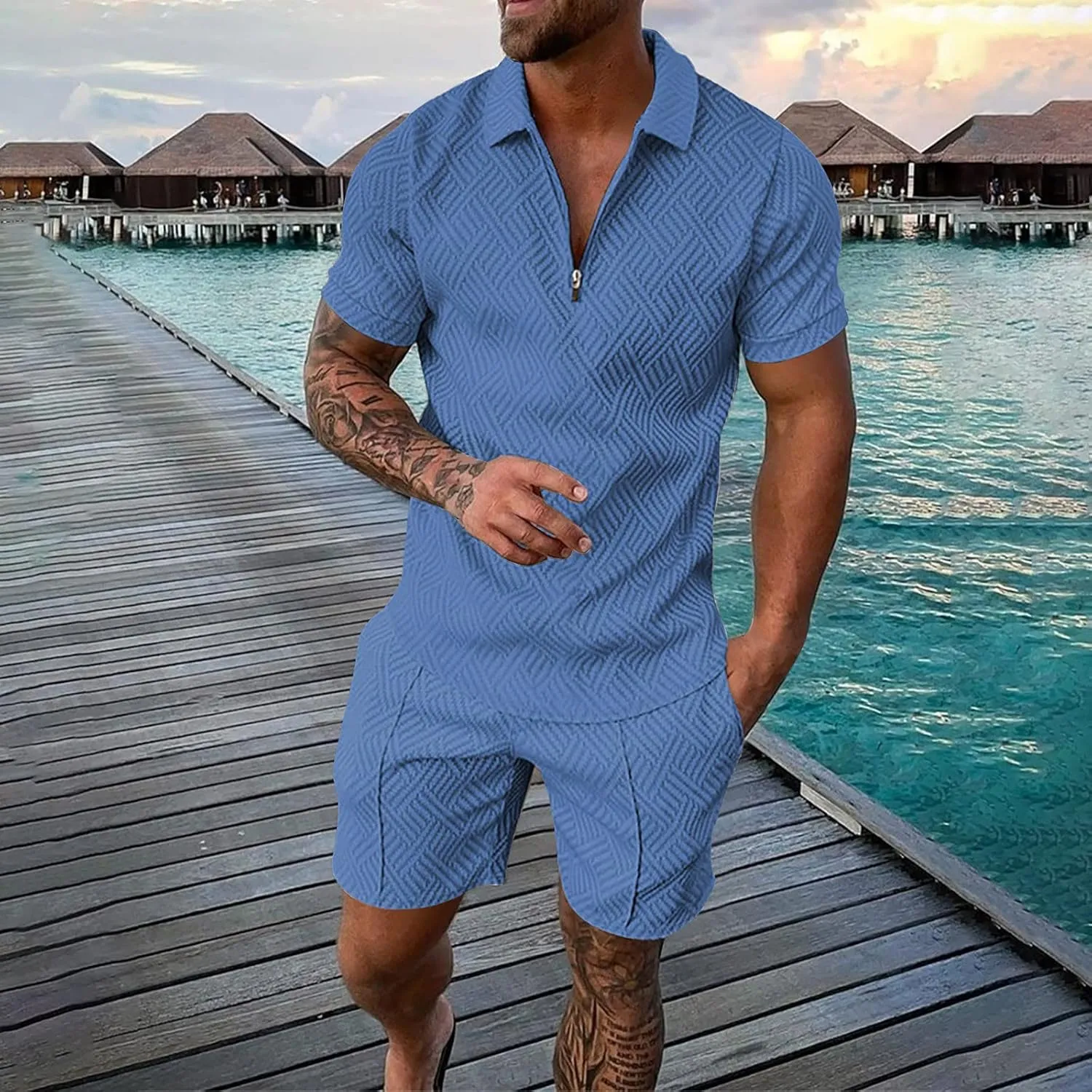 Mens Short Sets 2 Piece Outfits Zip up Polo Shirt Summer Tracksuits Casual Short Sleeve and Shorts Set for Men