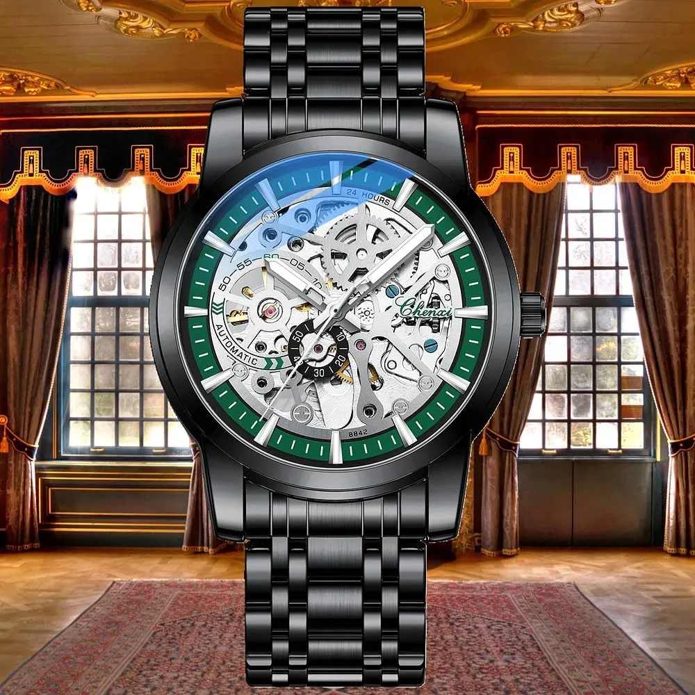 Men's Skeleton Mechanical Watch Fashion Luxury Automatic Wristwatch Man Stainless Steel Business Waterproof Sport Luminous Clock