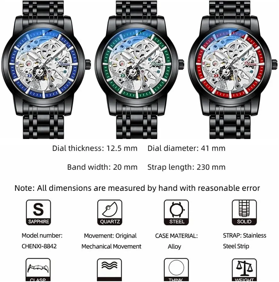 Men's Skeleton Mechanical Watch Fashion Luxury Automatic Wristwatch Man Stainless Steel Business Waterproof Sport Luminous Clock