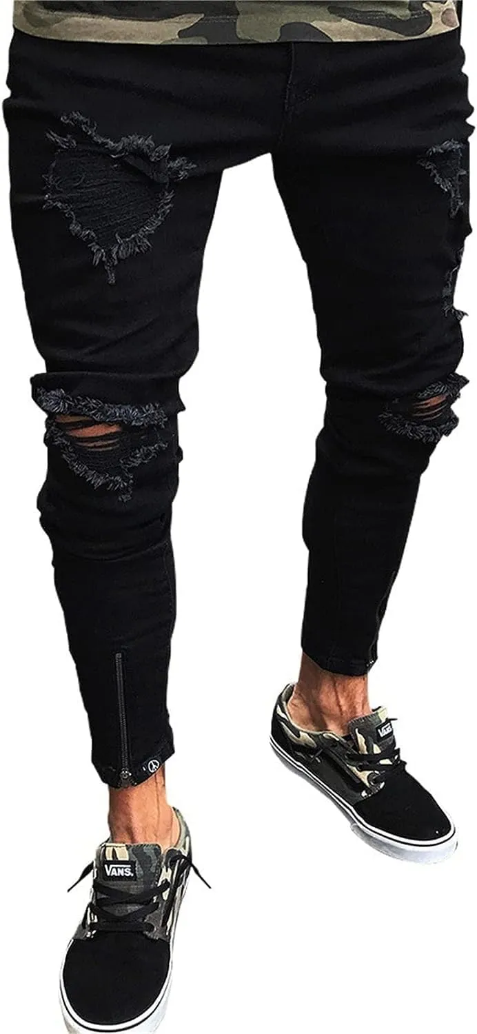 Men's Slim-fit Ripped Distressed Destroyed Straight Fit Washed Denim Jeans Ripped Tapered Biker Jeans Holes Skinny Pants