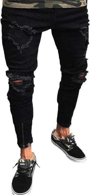 Men's Slim-fit Ripped Distressed Destroyed Straight Fit Washed Denim Jeans Ripped Tapered Biker Jeans Holes Skinny Pants
