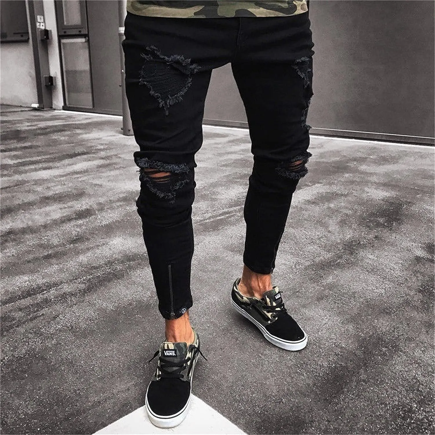 Men's Slim-fit Ripped Distressed Destroyed Straight Fit Washed Denim Jeans Ripped Tapered Biker Jeans Holes Skinny Pants