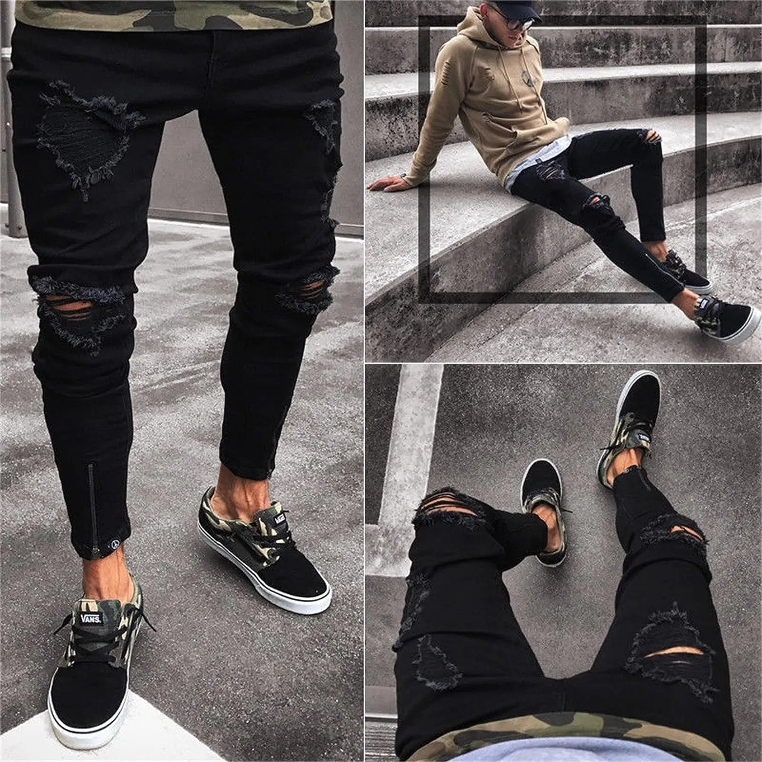 Men's Slim-fit Ripped Distressed Destroyed Straight Fit Washed Denim Jeans Ripped Tapered Biker Jeans Holes Skinny Pants