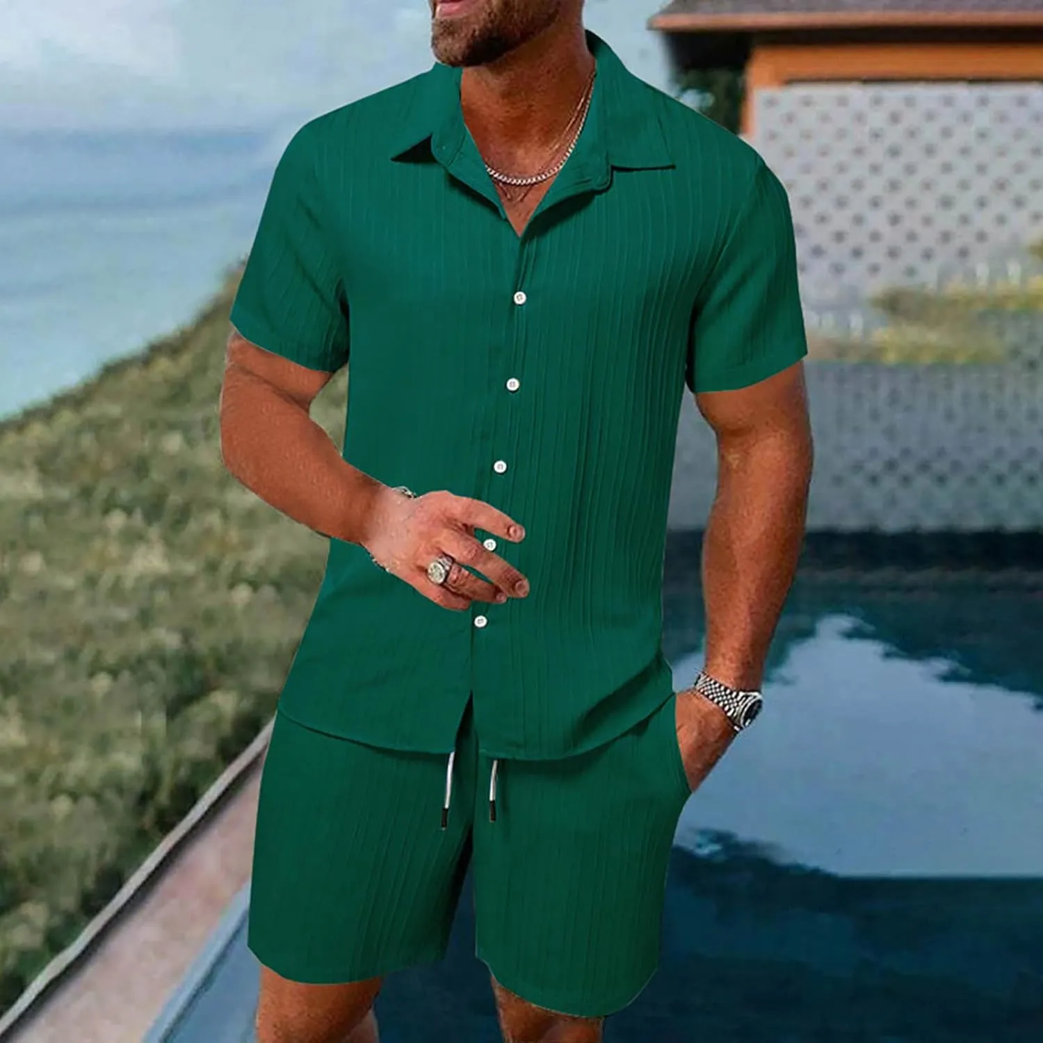 Mens Summer 2 Piece Outfits for Vacation Beach Hawaiian Short Sleeve Button Down Cuban Shirts and Shorts Sets for Men