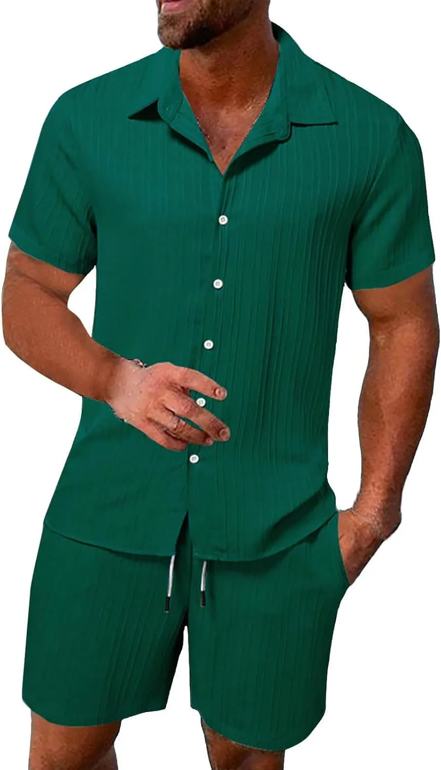 Mens Summer 2 Piece Outfits for Vacation Beach Hawaiian Short Sleeve Button Down Cuban Shirts and Shorts Sets for Men