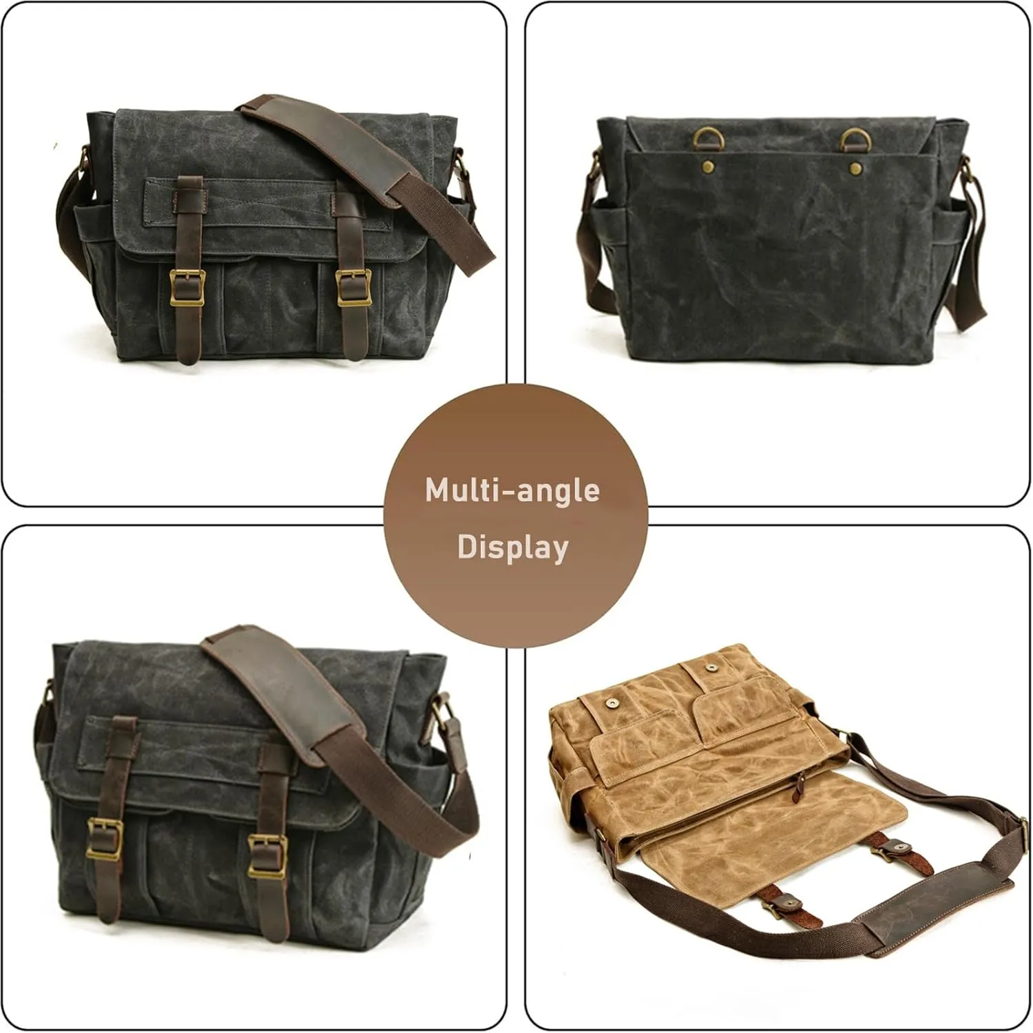 Men's Vintage Waxed Canvas Messenger Bag, Crossbody Shoulder Briefcase with Adjustable Strap, for Work, Office, Business