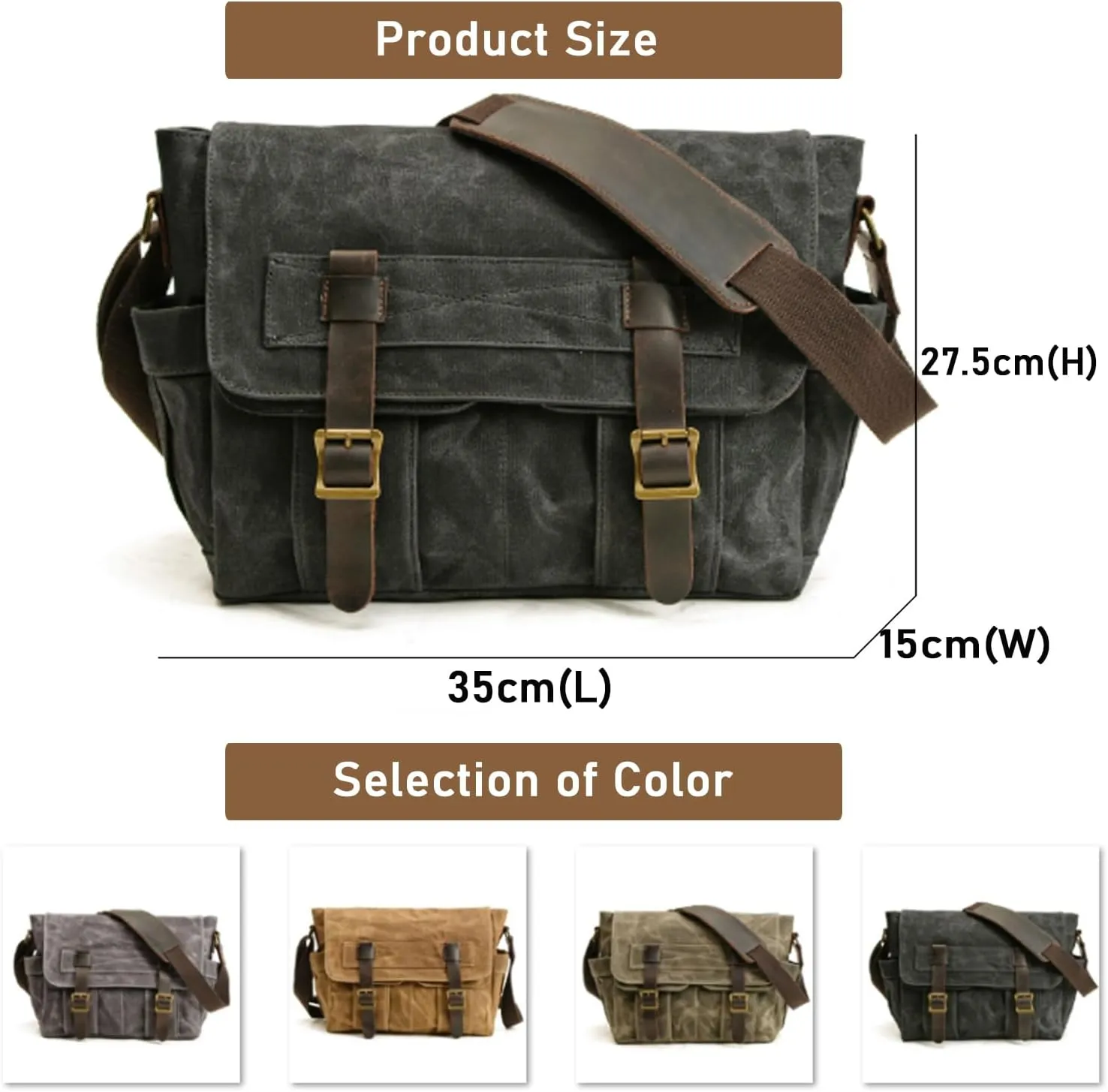 Men's Vintage Waxed Canvas Messenger Bag, Crossbody Shoulder Briefcase with Adjustable Strap, for Work, Office, Business