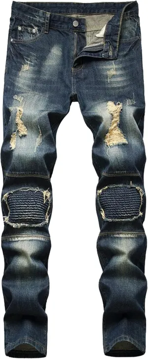 Men's Washed Vintage Jeans Slim Fit Stretch Denim Pants Distressed Casual Ripped Streetwear Jean Trousers