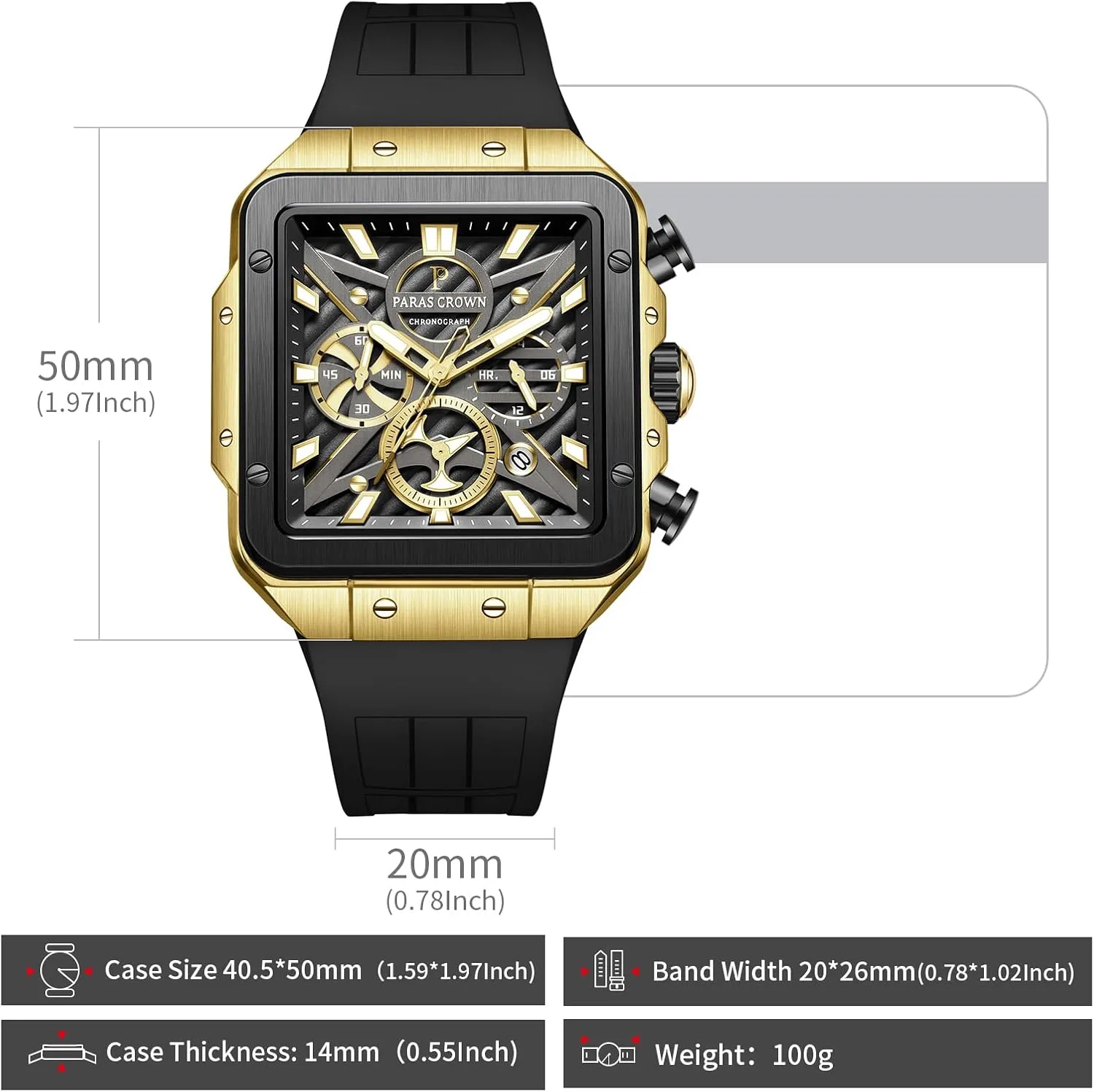 Mens Watches Analog Rectangle 5ATM Waterproof Luxury Sport Work Watches for Men Chronograph Black/Blue/Red Wrist Watch with Silicone Strap