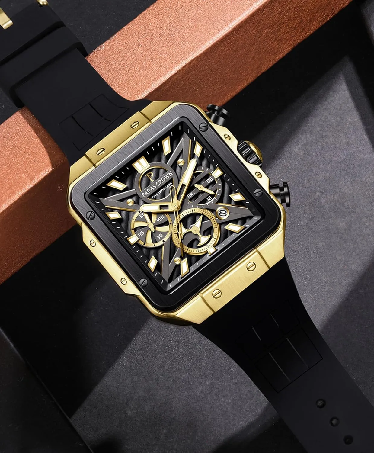 Mens Watches Analog Rectangle 5ATM Waterproof Luxury Sport Work Watches for Men Chronograph Black/Blue/Red Wrist Watch with Silicone Strap