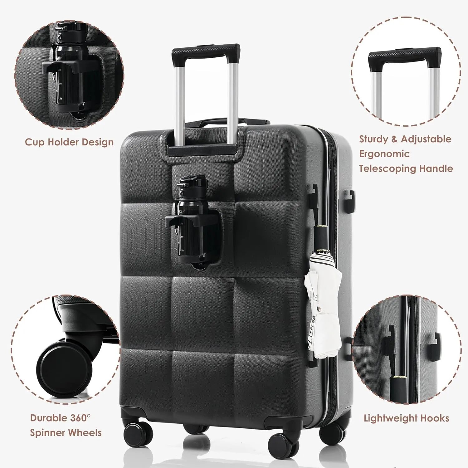 Merax 3 Piece Luggage Set, 20 Suitcase with USB Port and Front Opening Design, ABS Hard Shell Luggage with Spinner Wheels and Cup Holder, 202428, Black Brown