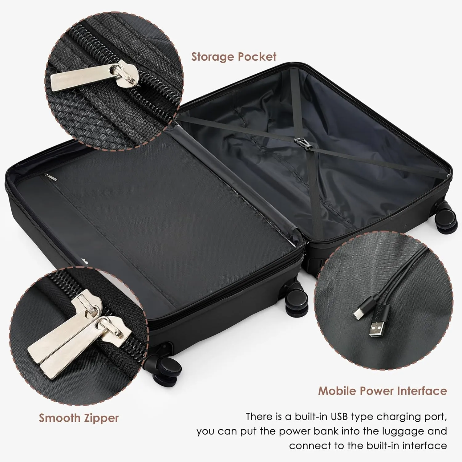 Merax 3 Piece Luggage Set, 20 Suitcase with USB Port and Front Opening Design, ABS Hard Shell Luggage with Spinner Wheels and Cup Holder, 202428, Black Brown