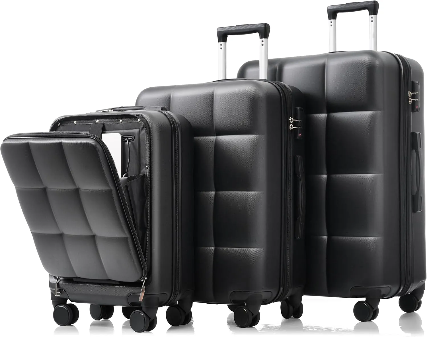 Merax 3 Piece Luggage Set, 20 Suitcase with USB Port and Front Opening Design, ABS Hard Shell Luggage with Spinner Wheels and Cup Holder, 202428, Black Brown