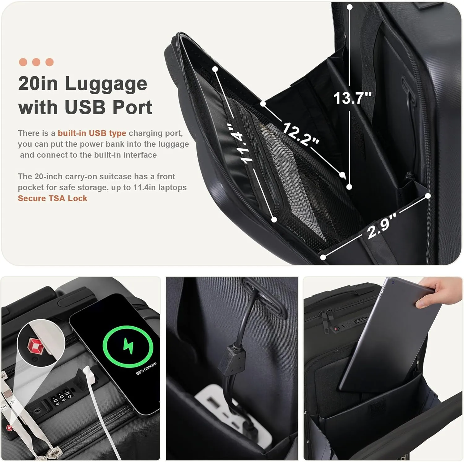 Merax 3 Piece Luggage Set, 20 Suitcase with USB Port and Front Opening Design, ABS Hard Shell Luggage with Spinner Wheels and Cup Holder, 202428, Black Brown
