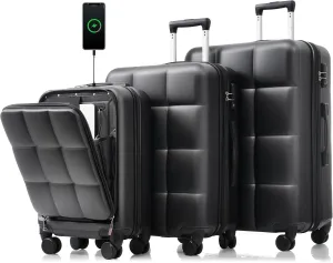 Merax 3 Piece Luggage Set, 20 Suitcase with USB Port and Front Opening Design, ABS Hard Shell Luggage with Spinner Wheels and Cup Holder, 202428, Black Brown