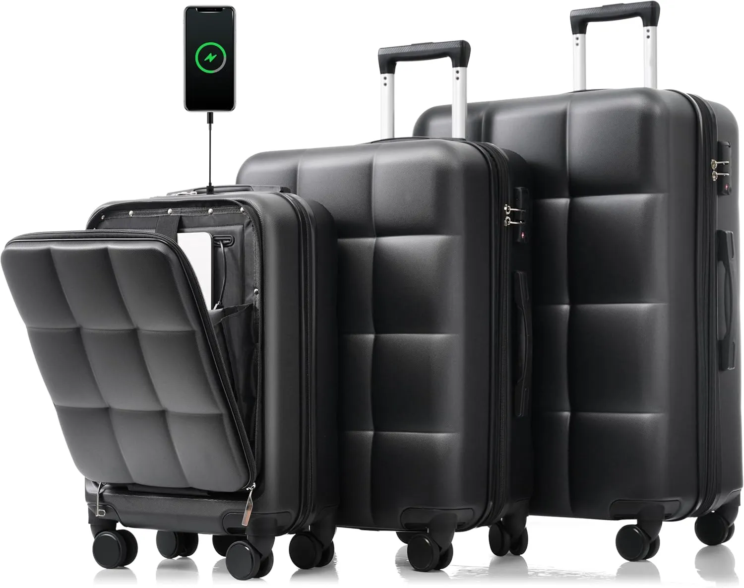 Merax 3 Piece Luggage Set, 20 Suitcase with USB Port and Front Opening Design, ABS Hard Shell Luggage with Spinner Wheels and Cup Holder, 202428, Black Brown