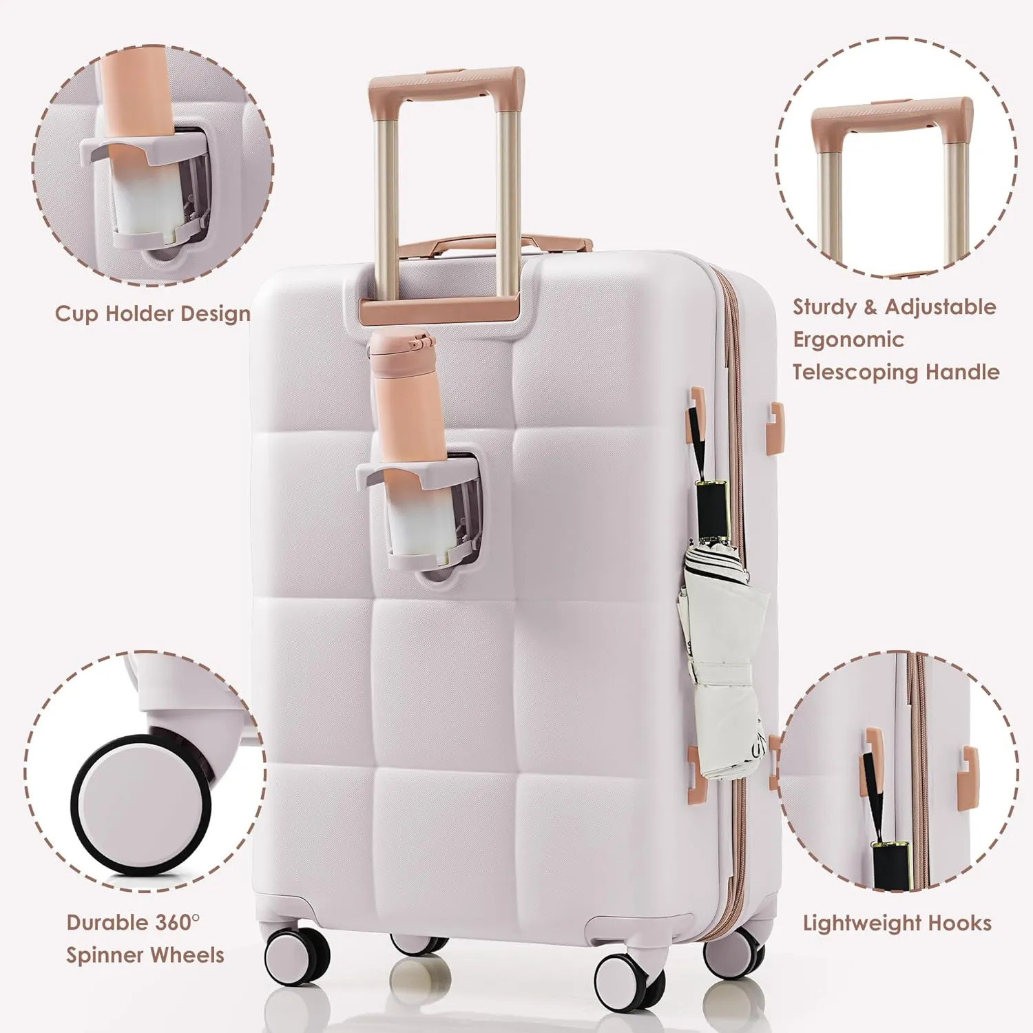 Merax 3 Piece Luggage Set, 20 Suitcase with USB Port and Front Opening Design, ABS Hard Shell Luggage with Spinner Wheels and Cup Holder, 202428, Light Grey