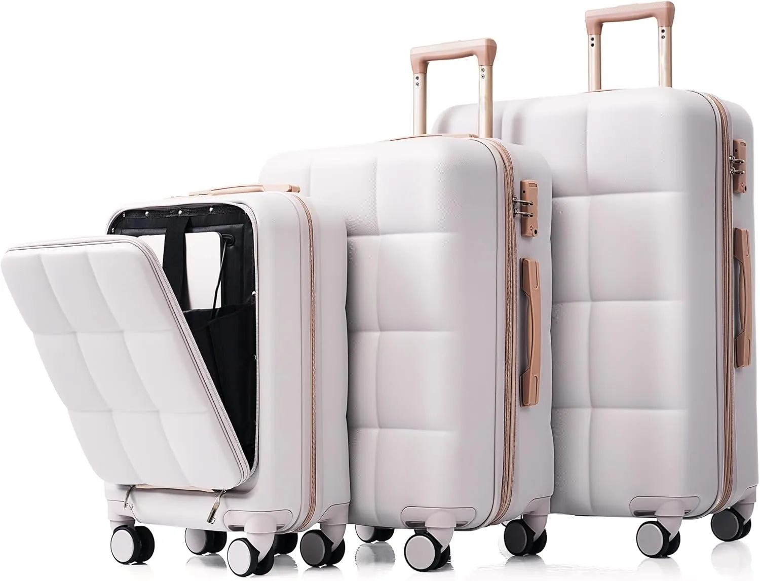 Merax 3 Piece Luggage Set, 20 Suitcase with USB Port and Front Opening Design, ABS Hard Shell Luggage with Spinner Wheels and Cup Holder, 202428, Light Grey