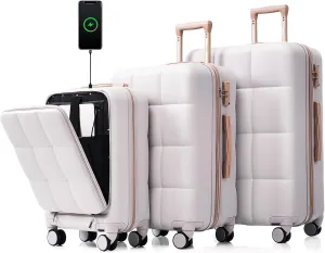 Merax 3 Piece Luggage Set, 20 Suitcase with USB Port and Front Opening Design, ABS Hard Shell Luggage with Spinner Wheels and Cup Holder, 202428, Light Grey