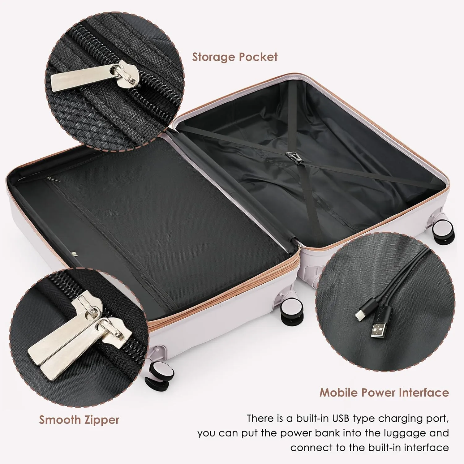 Merax 3 Piece Luggage Set, 20 Suitcase with USB Port and Front Opening Design, ABS Hard Shell Luggage with Spinner Wheels and Cup Holder, 202428, Light Grey
