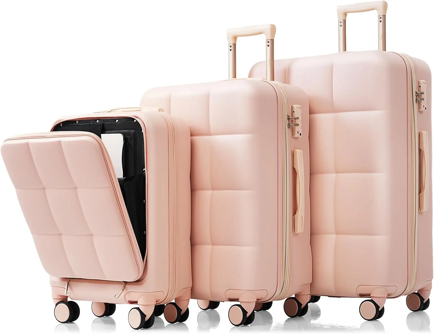 Merax 3 Piece Luggage Set, 20 Suitcase with USB Port and Front Opening Design, ABS Hard Shell Luggage with Spinner Wheels and Cup Holder, 202428, Pink