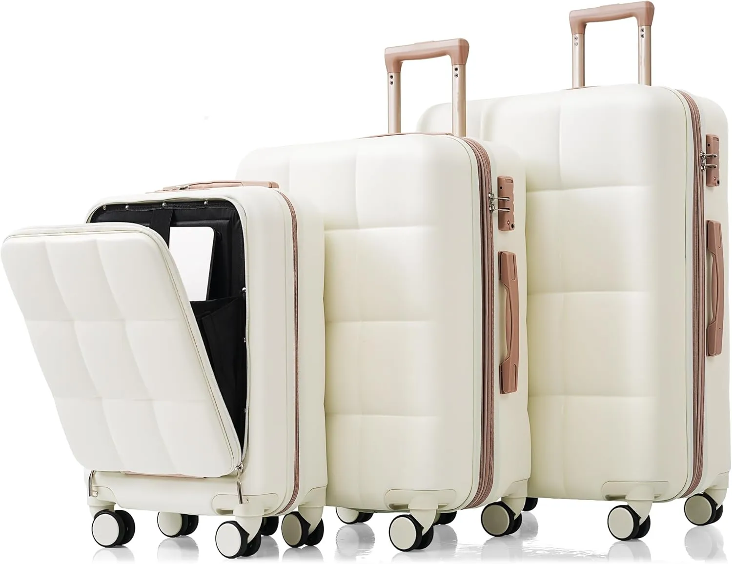 Merax 3 Piece Luggage Set, 20 Suitcase with USB Port and Front Opening Design, ABS Hard Shell Luggage with Spinner Wheels and Cup Holder, 202428, White