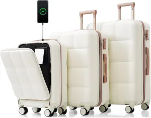 Merax 3 Piece Luggage Set, 20 Suitcase with USB Port and Front Opening Design, ABS Hard Shell Luggage with Spinner Wheels and Cup Holder, 202428, White