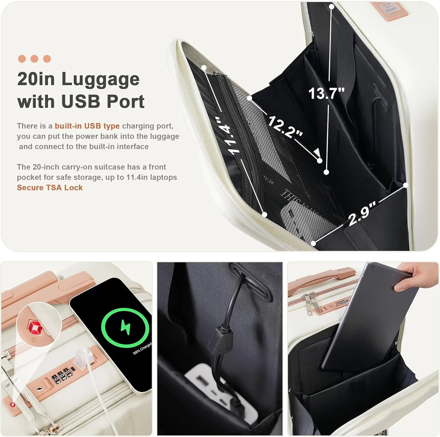 Merax 3 Piece Luggage Set, 20 Suitcase with USB Port and Front Opening Design, ABS Hard Shell Luggage with Spinner Wheels and Cup Holder, 202428, White