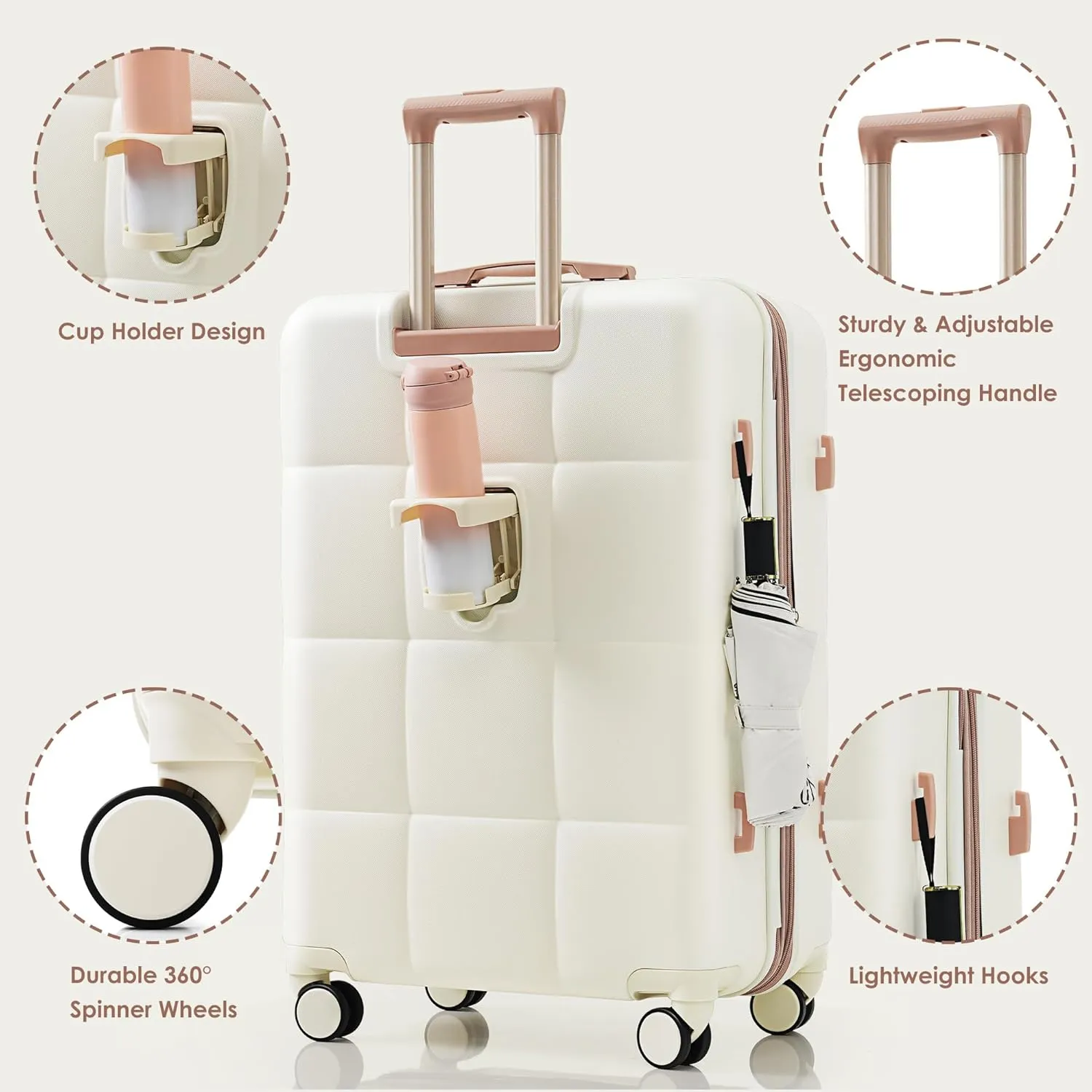 Merax 3 Piece Luggage Set, 20 Suitcase with USB Port and Front Opening Design, ABS Hard Shell Luggage with Spinner Wheels and Cup Holder, 202428, White