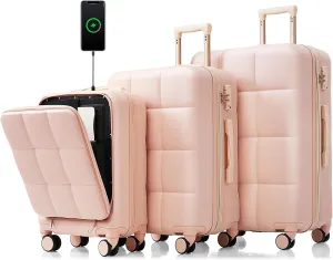 Merax 3Pc Suitcases for Women ABS Hardshell Front-Opening Luggage Sets with Cup Holder, Pink, 20/24/28 in
