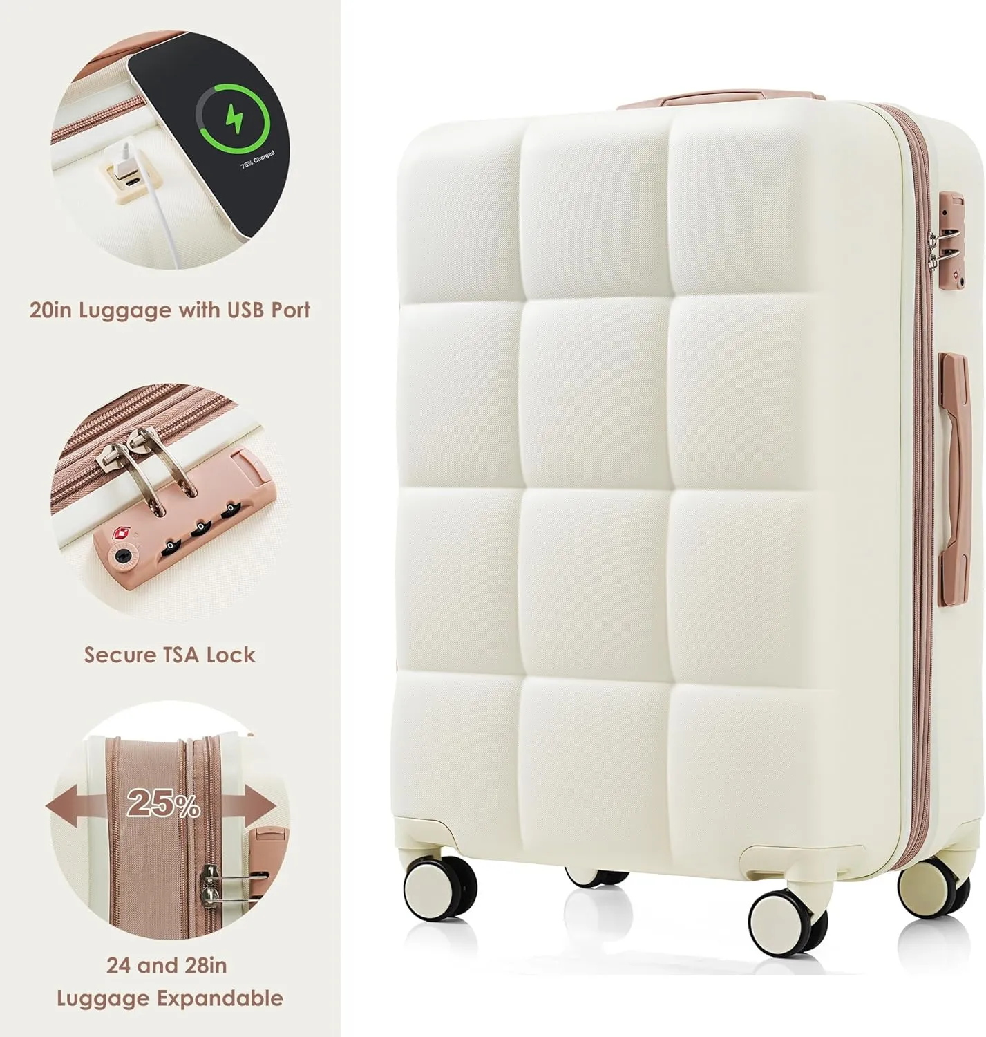 Merax 4 Piece Luggage Set, 20 with USB Port, Expandable ABS Durable Suitcase with Travel Bag, Cup Holder, ABS Hard Shell Luggage with Spinner Wheels, Beige Gold