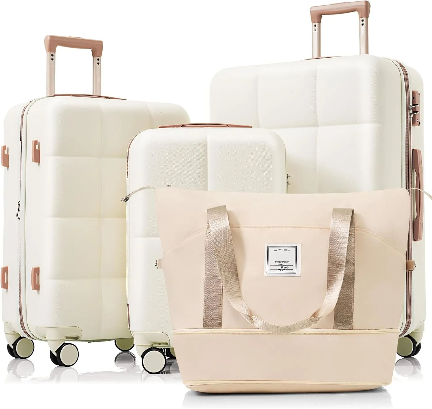 Merax 4 Piece Luggage Set, 20 with USB Port, Expandable ABS Durable Suitcase with Travel Bag, Cup Holder, ABS Hard Shell Luggage with Spinner Wheels, Beige Gold