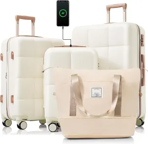Merax 4 Piece Luggage Set, 20 with USB Port, Expandable ABS Durable Suitcase with Travel Bag, Cup Holder, ABS Hard Shell Luggage with Spinner Wheels, Beige Gold
