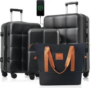 Merax 4 Piece Luggage Set, 20 with USB Port, Expandable ABS Durable Suitcase with Travel Bag, Cup Holder, ABS Hard Shell Luggage with Spinner Wheels, Black Brown