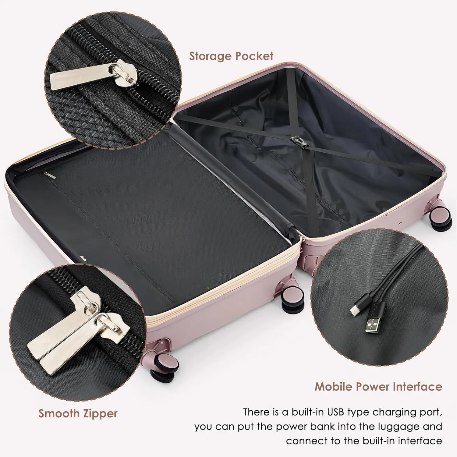 Merax 4 Piece Luggage Set, 20 with USB Port, Expandable ABS Durable Suitcase with Travel Bag, Cup Holder, ABS Hard Shell Luggage with Spinner Wheels, Brown
