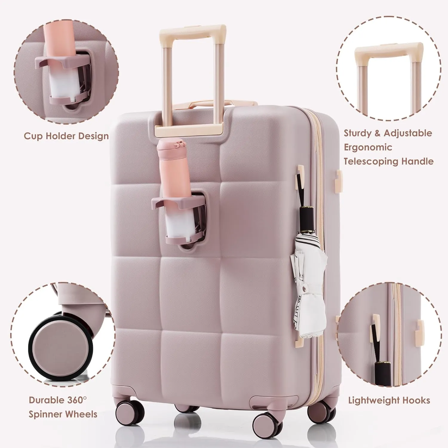 Merax 4 Piece Luggage Set, 20 with USB Port, Expandable ABS Durable Suitcase with Travel Bag, Cup Holder, ABS Hard Shell Luggage with Spinner Wheels, Brown