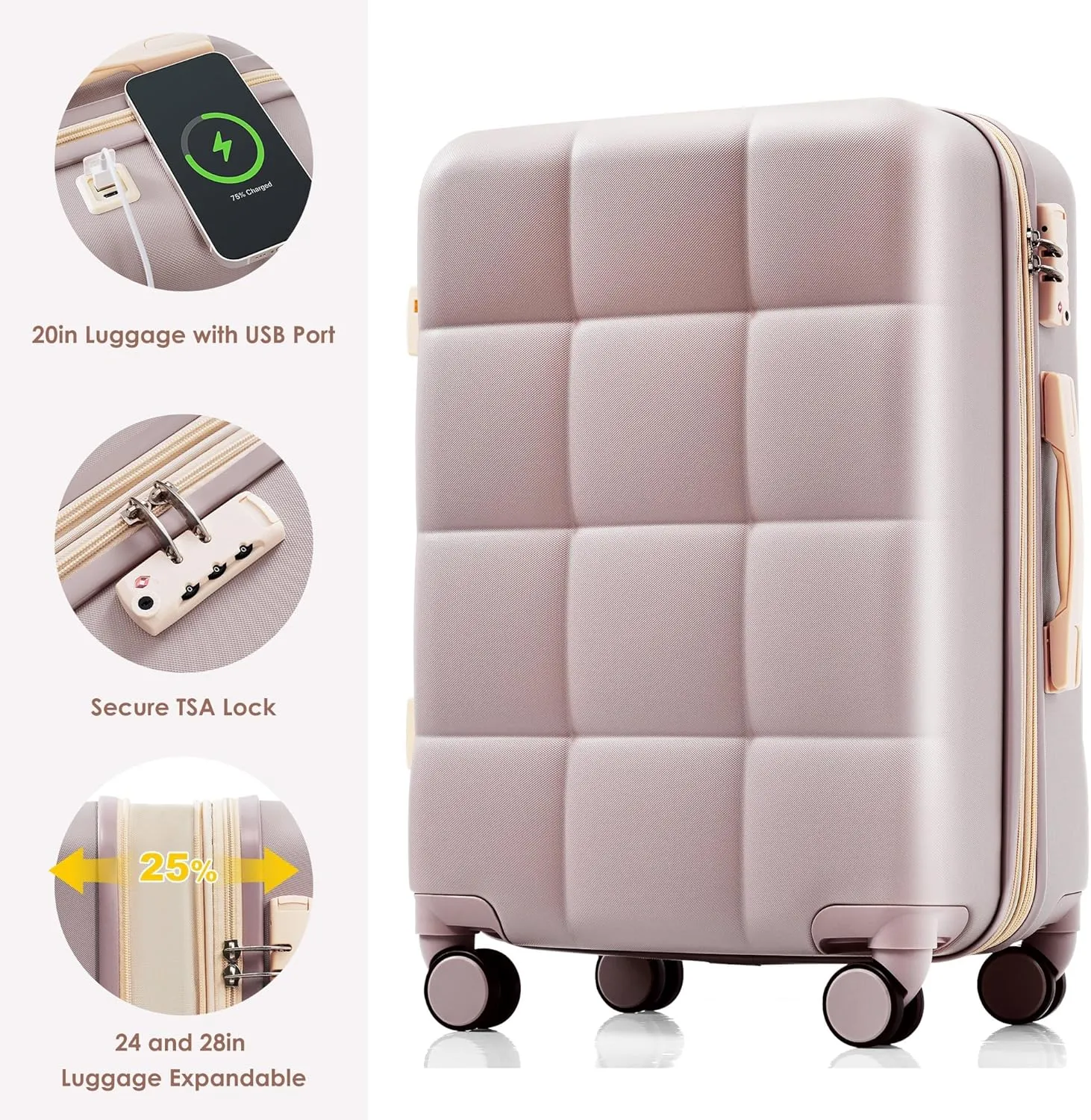 Merax 4 Piece Luggage Set, 20 with USB Port, Expandable ABS Durable Suitcase with Travel Bag, Cup Holder, ABS Hard Shell Luggage with Spinner Wheels, Brown