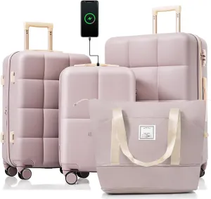 Merax 4 Piece Luggage Set, 20 with USB Port, Expandable ABS Durable Suitcase with Travel Bag, Cup Holder, ABS Hard Shell Luggage with Spinner Wheels, Brown
