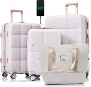 Merax 4 Piece Luggage Set, 20 with USB Port, Expandable ABS Durable Suitcase with Travel Bag, Cup Holder, ABS Hard Shell Luggage with Spinner Wheels, Light Grey