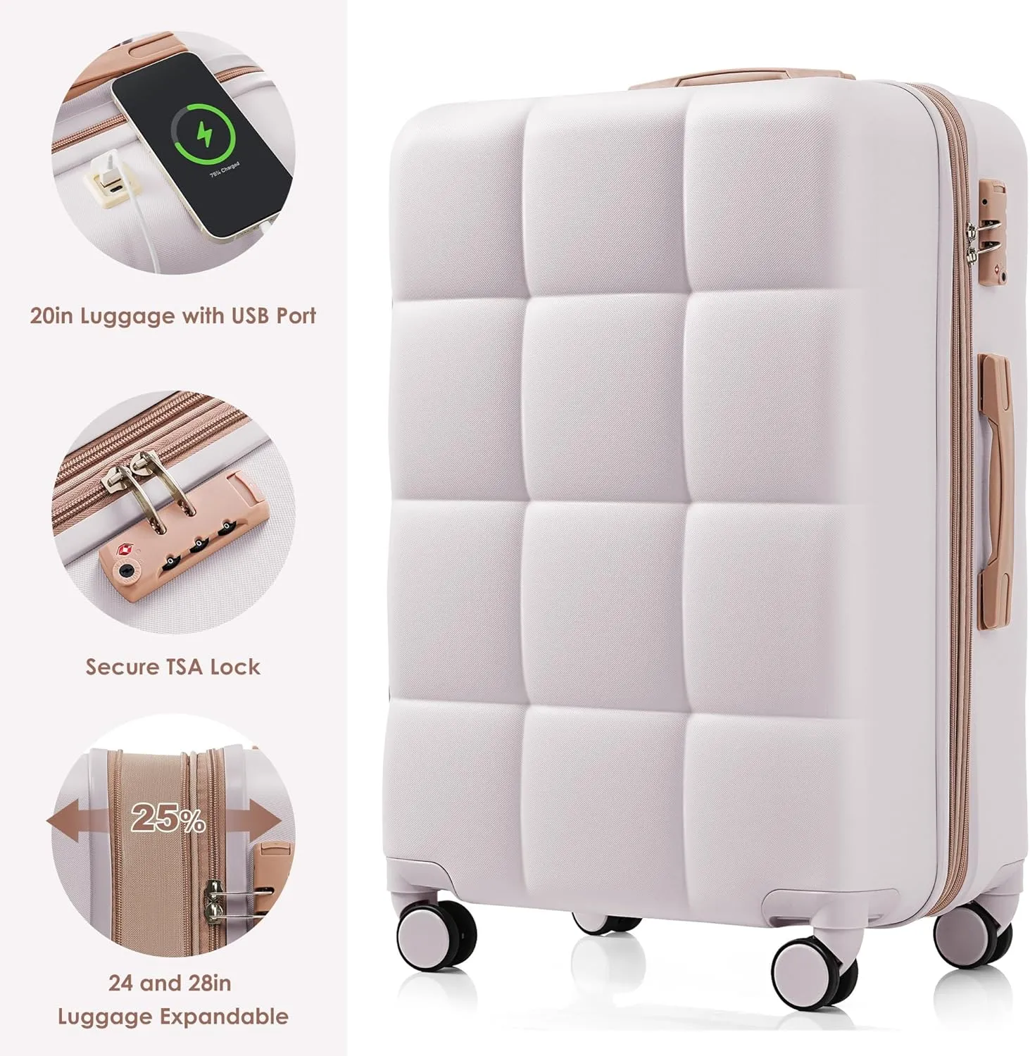 Merax 4 Piece Luggage Set, 20 with USB Port, Expandable ABS Durable Suitcase with Travel Bag, Cup Holder, ABS Hard Shell Luggage with Spinner Wheels, Light Grey
