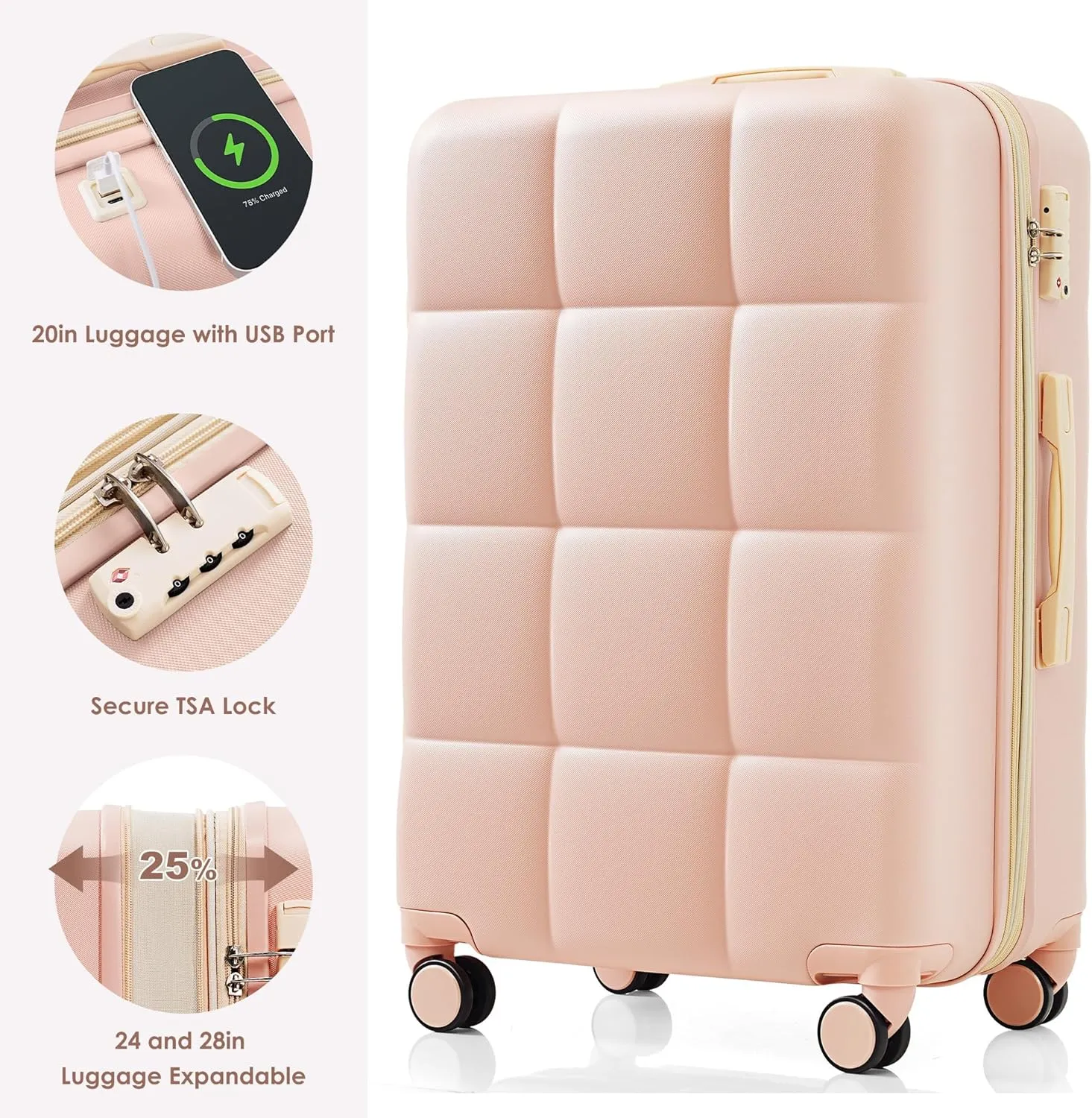 Merax 4 Piece Luggage Set, 20 with USB Port, Expandable ABS Durable Suitcase with Travel Bag, Cup Holder, ABS Hard Shell Luggage with Spinner Wheels, Pink