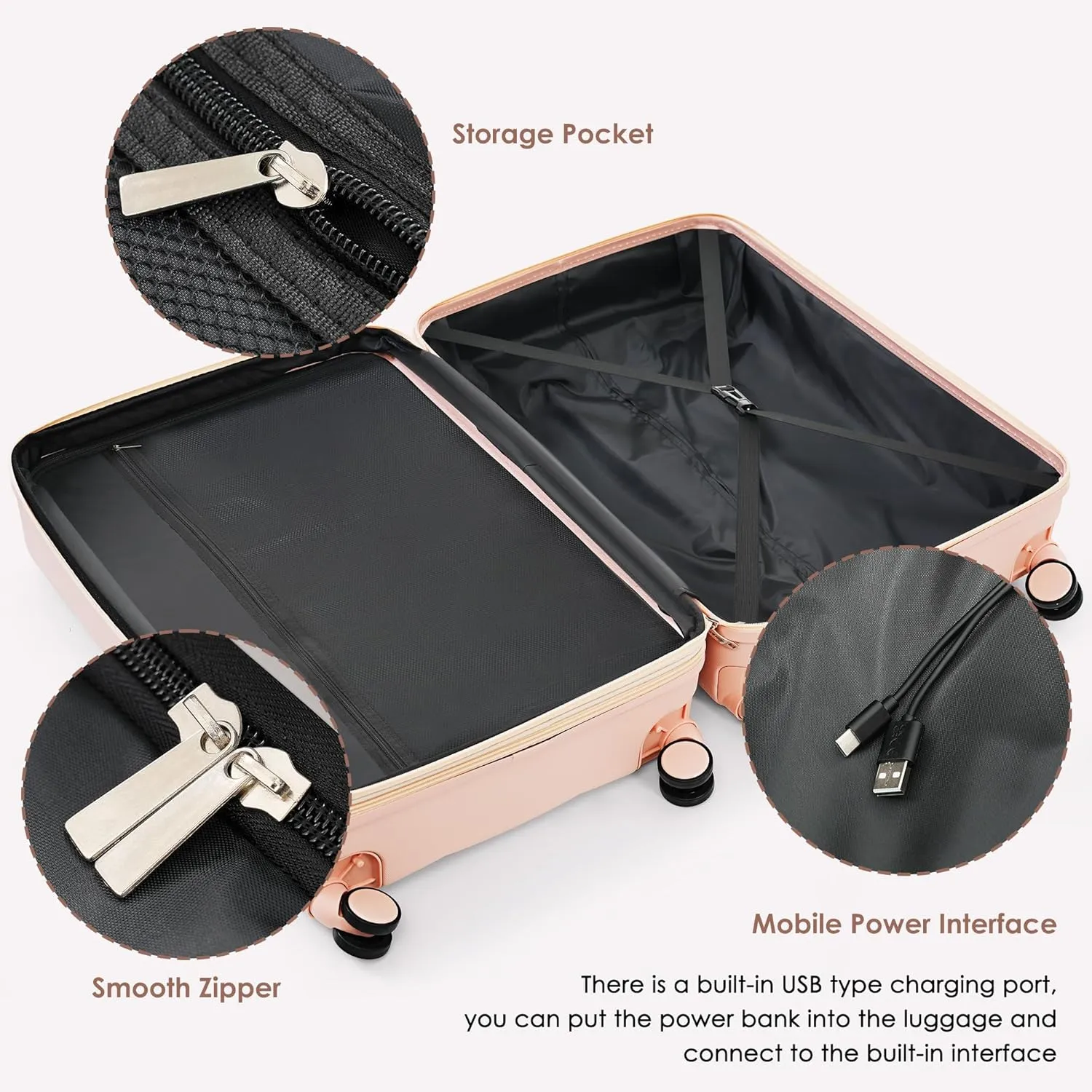Merax 4 Piece Luggage Set, 20 with USB Port, Expandable ABS Durable Suitcase with Travel Bag, Cup Holder, ABS Hard Shell Luggage with Spinner Wheels, Pink